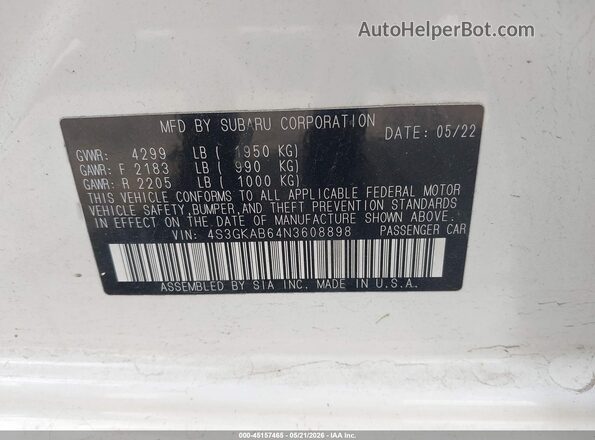 4S3GKAB64N3608898 2022 SUBARU IMPREZA Белый Вид подкапотного пространства