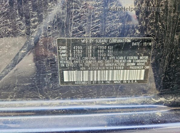 4S3GKAU61K3611069 2019 SUBARU IMPREZA Blue Widok naklejki z numerem VIN