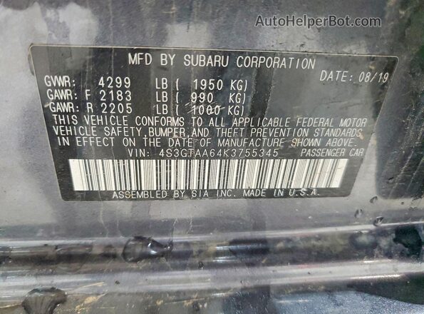4S3GTAA64K3755345 2019 SUBARU IMPREZA Gray Vista del compartimento del motor