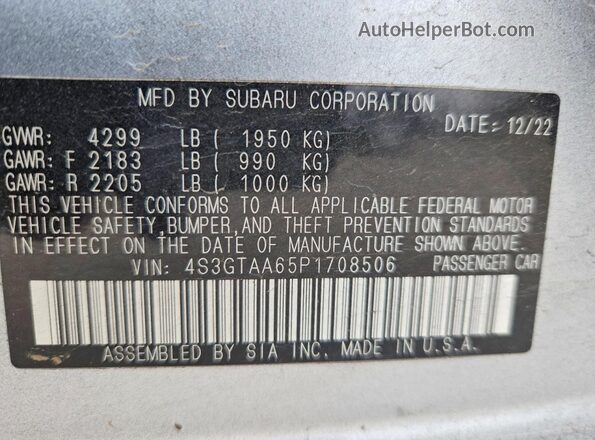 4S3GTAA65P1708506 2023 SUBARU IMPREZA Silver Widok naklejki z numerem VIN