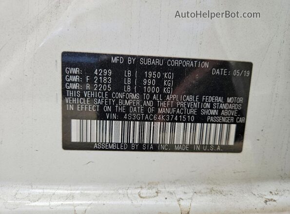 4S3GTAC64K3741510 2019 SUBARU IMPREZA White Widok naklejki z numerem VIN