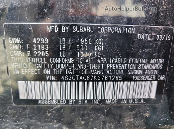 4S3GTAC67K3761265 2019 SUBARU IMPREZA Black Vista del compartimento del motor