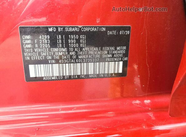 4S3GTAL60L3725337 2020 SUBARU IMPREZA Red Vista del compartimento del motor