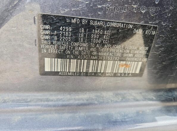 4S3GTAM63K3753792 2019 SUBARU IMPREZA Charcoal Vista del compartimento del motor