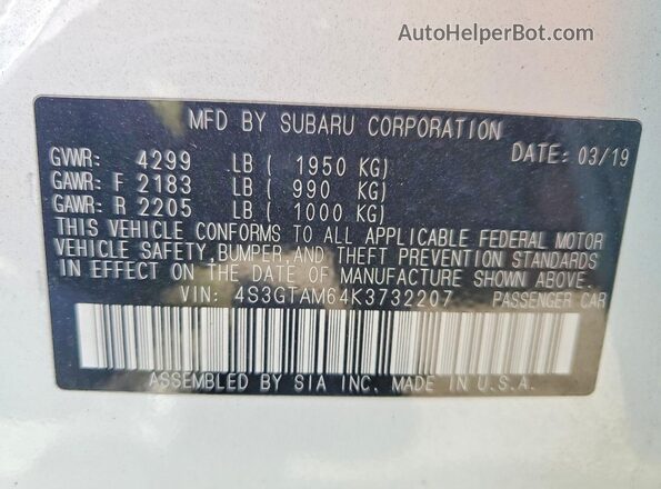 4S3GTAM64K3732207 2019 SUBARU IMPREZA Белый Вид наклейки с VIN-кодом