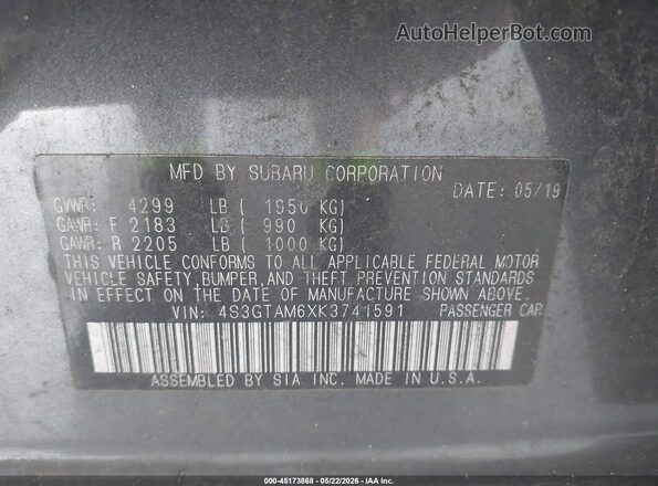 4S3GTAM6XK3741591 2019 SUBARU IMPREZA Gray Widok komory silnika
