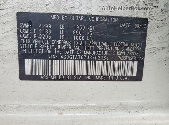 4S3GTAT67J3702165 2018 SUBARU IMPREZA Белый Вид наклейки с VIN-кодом