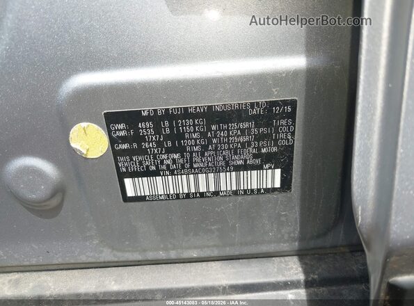 4S4BSAAC0G3275549 2016 SUBARU OUTBACK Серый Вид подкапотного пространства