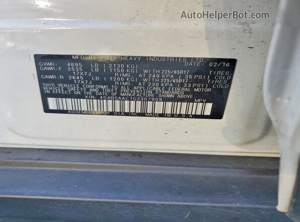 4S4BSAAC1G3307909 2016 SUBARU OUTBACK Белый Вид наклейки с VIN-кодом