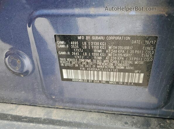 4S4BSAAC3J3247185 2018 SUBARU OUTBACK Синий Панорамный вид салона 360°