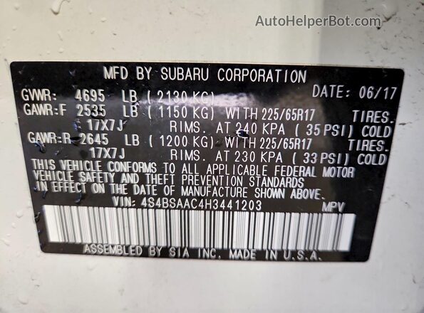 4S4BSAAC4H3441203 2017 SUBARU OUTBACK Белый Панорамный вид салона 360°