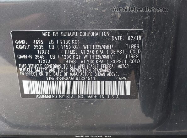 4S4BSAAC6J3315415 2018 SUBARU OUTBACK Gray Engine compartment view