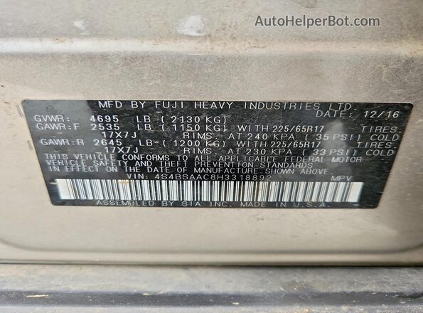 4S4BSAAC8H3318892 2017 SUBARU OUTBACK Желто-коричневый Панорамный вид салона 360°