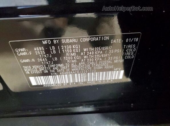 4S4BSAAC8J3291022 2018 SUBARU OUTBACK Black VIN კოდის სტიკერის ხედი