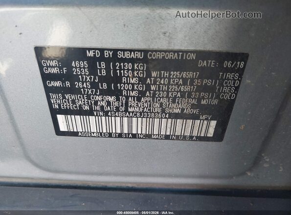 4S4BSAAC8J3383604 2018 SUBARU OUTBACK Серый Вид подкапотного пространства