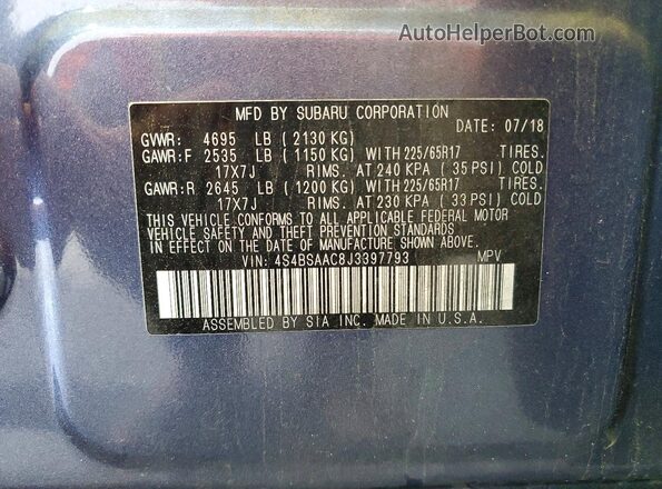 4S4BSAAC8J3397793 2018 SUBARU OUTBACK Синий Вид наклейки с VIN-кодом
