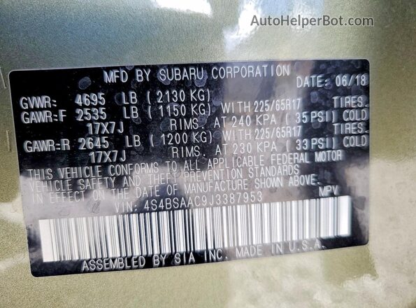 4S4BSAAC9J3387953 2018 SUBARU OUTBACK Green Widok naklejki z numerem VIN