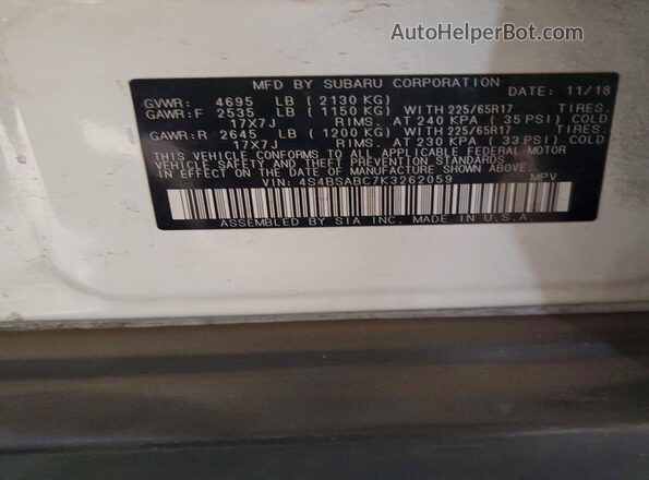 4S4BSABC7K3262059 2019 SUBARU OUTBACK White Vista del compartimento del motor