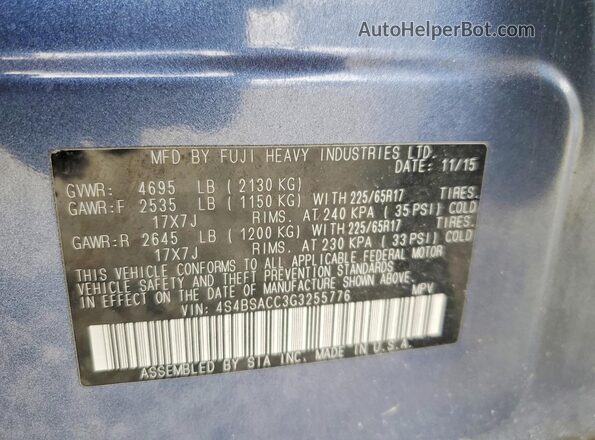 4S4BSACC3G3255776 2016 SUBARU OUTBACK Blue Vista de la etiqueta del VIN