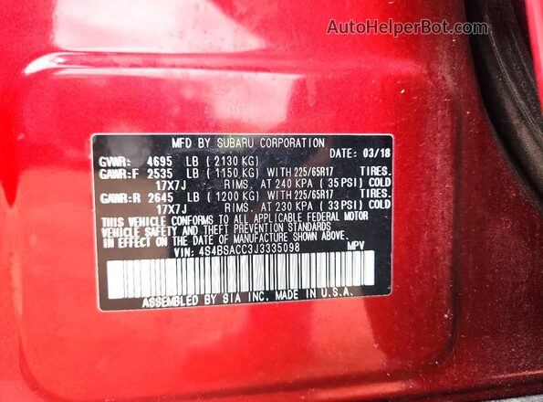 4S4BSACC3J3335098 2018 SUBARU OUTBACK Темно-бордовый Вид наклейки с VIN-кодом
