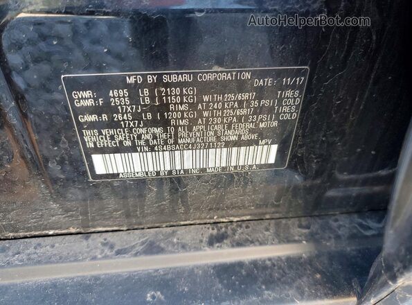 4S4BSACC4J3271122 2018 SUBARU OUTBACK Black Widok wnętrza 360 stopni