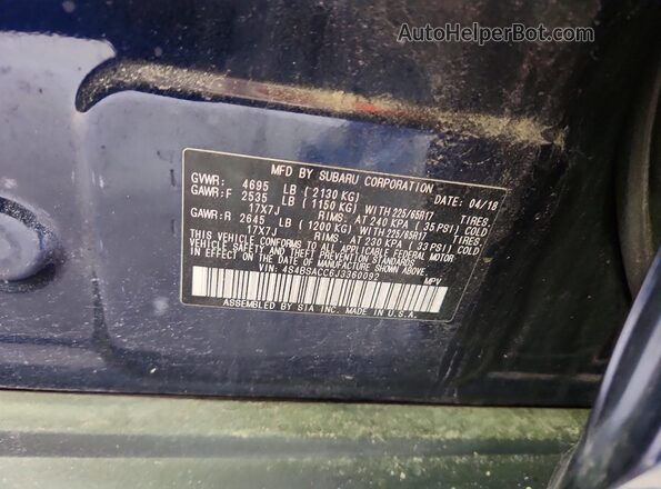 4S4BSACC6J3360092 2018 SUBARU OUTBACK Blue Widok naklejki z numerem VIN