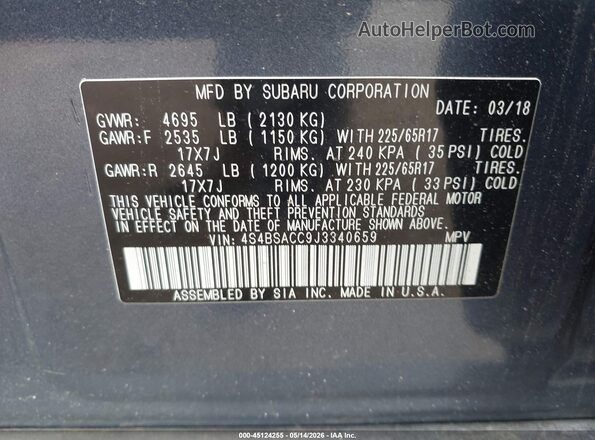 4S4BSACC9J3340659 2018 SUBARU OUTBACK Синий Вид подкапотного пространства