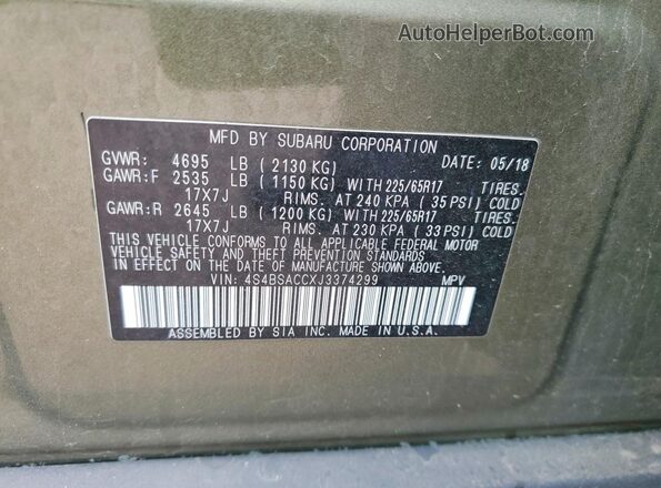 4S4BSACCXJ3374299 2018 SUBARU OUTBACK Green Engine compartment view
