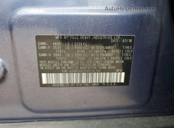 4S4BSADC0H3220760 2017 SUBARU OUTBACK Blue Вид підкапотного простору