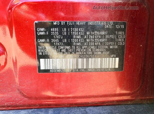 4S4BSADCXG3267521 2016 SUBARU OUTBACK Красный Вид наклейки с VIN-кодом