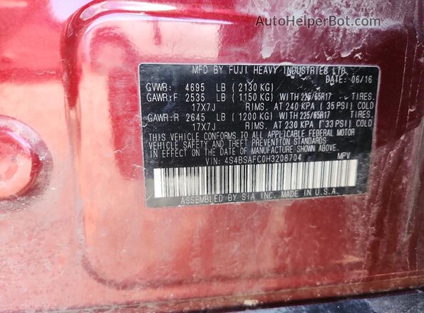 4S4BSAFC0H3208704 2017 SUBARU OUTBACK Red VIN sticker view