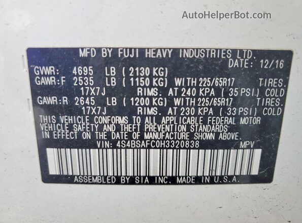 4S4BSAFC0H3320838 2017 SUBARU OUTBACK White Widok wnętrza 360 stopni