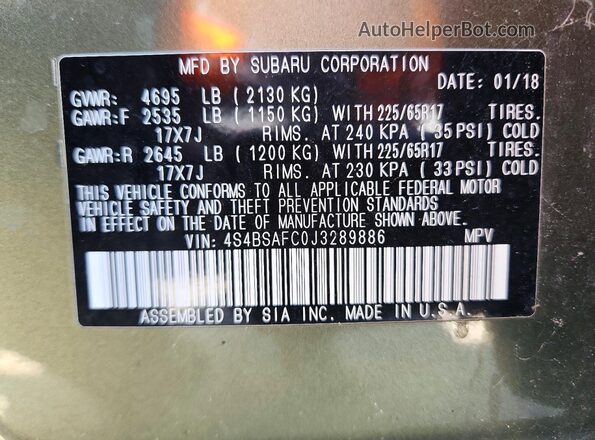4S4BSAFC0J3289886 2018 SUBARU OUTBACK Green Widok komory silnika