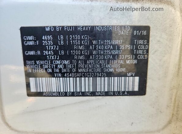 4S4BSAFC1G3279425 2016 SUBARU OUTBACK White Vista de la etiqueta del VIN