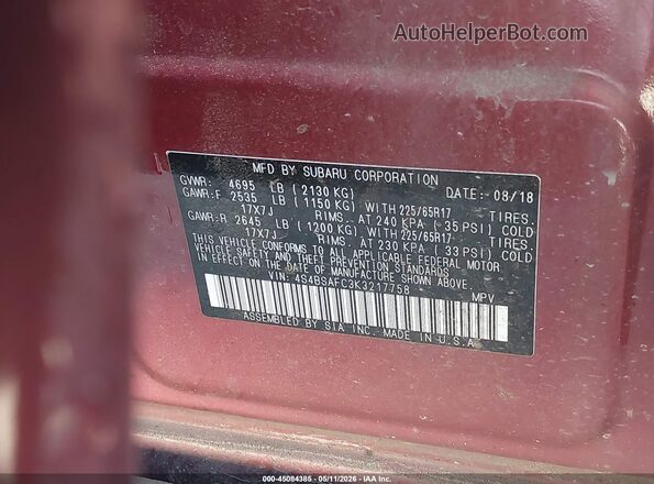 4S4BSAFC3K3217758 2019 SUBARU OUTBACK Red Vista del compartimento del motor