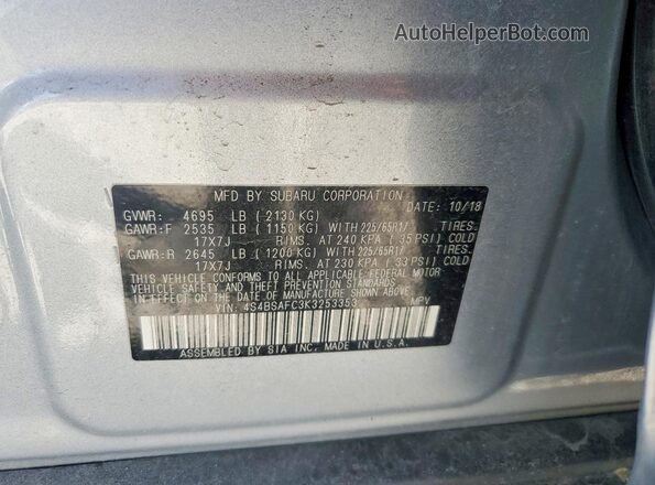 4S4BSAFC3K3253353 2019 SUBARU OUTBACK Silver Widok wnętrza 360 stopni