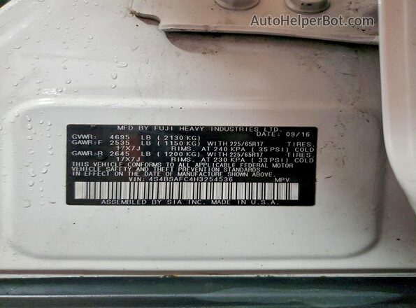 4S4BSAFC4H3254536 2017 SUBARU OUTBACK Белый Вид наклейки с VIN-кодом