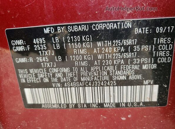 4S4BSAFC4J3242425 2018 SUBARU OUTBACK Red Widok naklejki z numerem VIN