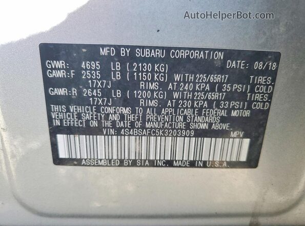 4S4BSAFC5K3203909 2019 SUBARU OUTBACK Silver Widok naklejki z numerem VIN