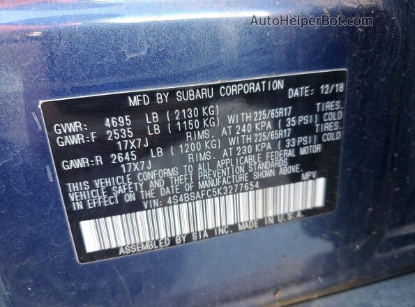 4S4BSAFC5K3277654 2019 SUBARU OUTBACK Синий Вид наклейки с VIN-кодом