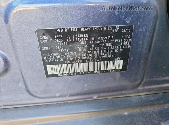 4S4BSAFC6G3212545 2016 SUBARU OUTBACK Blue Widok naklejki z numerem VIN