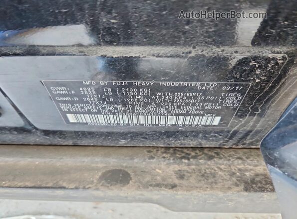 4S4BSAFC6H3377481 2017 SUBARU OUTBACK Black VIN კოდის სტიკერის ხედი