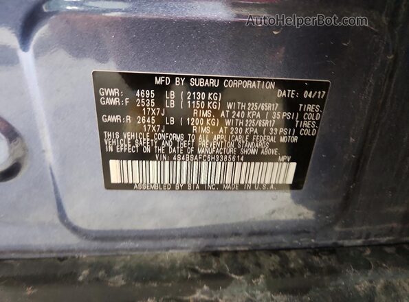 4S4BSAFC6H3385614 2017 SUBARU OUTBACK Blue 360 interior view