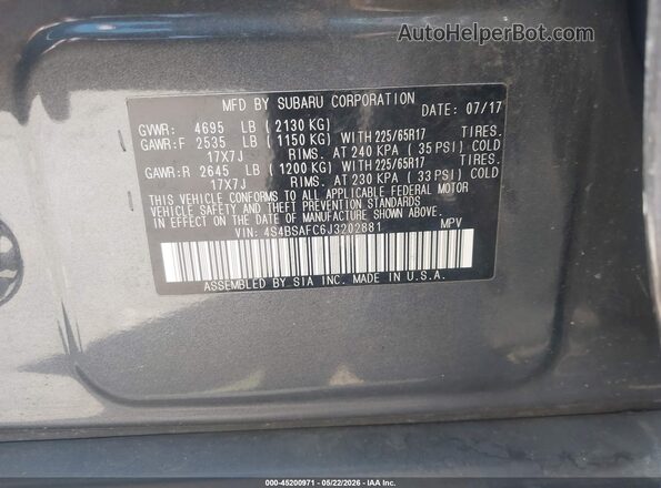 4S4BSAFC6J3202881 2018 SUBARU OUTBACK Серый Вид подкапотного пространства