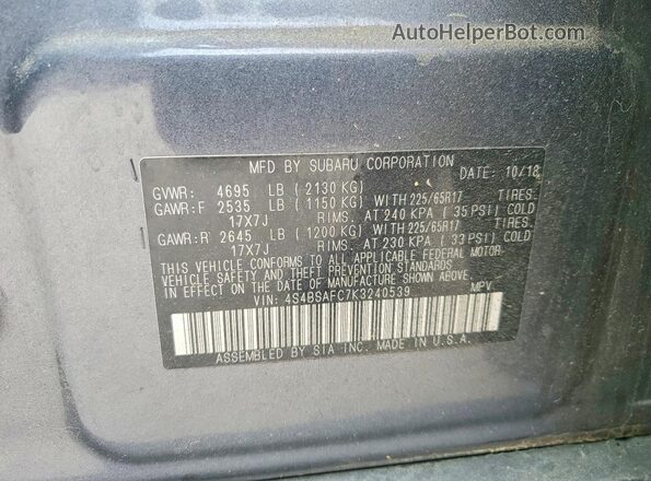 4S4BSAFC7K3240539 2019 SUBARU OUTBACK Серый Вид наклейки с VIN-кодом