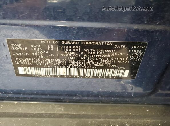 4S4BSAFC7K3244204 2019 SUBARU OUTBACK Blue Widok naklejki z numerem VIN