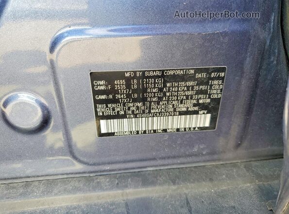 4S4BSAFC9J3397018 2018 SUBARU OUTBACK Синий Вид наклейки с VIN-кодом