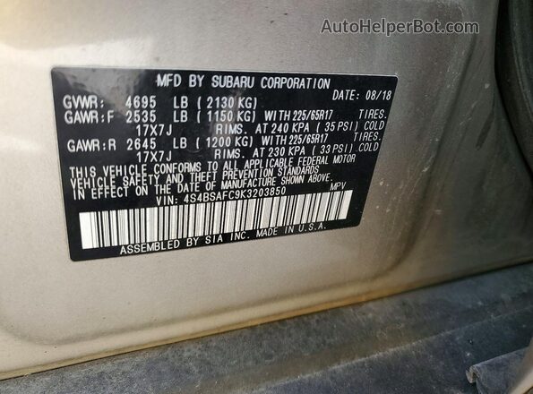 4S4BSAFC9K3203850 2019 SUBARU OUTBACK Gold Widok naklejki z numerem VIN