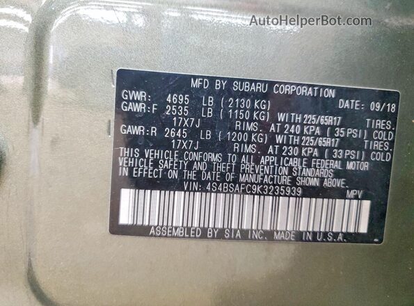 4S4BSAFC9K3235939 2019 SUBARU OUTBACK Зеленый Вид наклейки с VIN-кодом