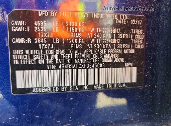 4S4BSAFCXH3345603 2017 SUBARU OUTBACK Синий Вид подкапотного пространства